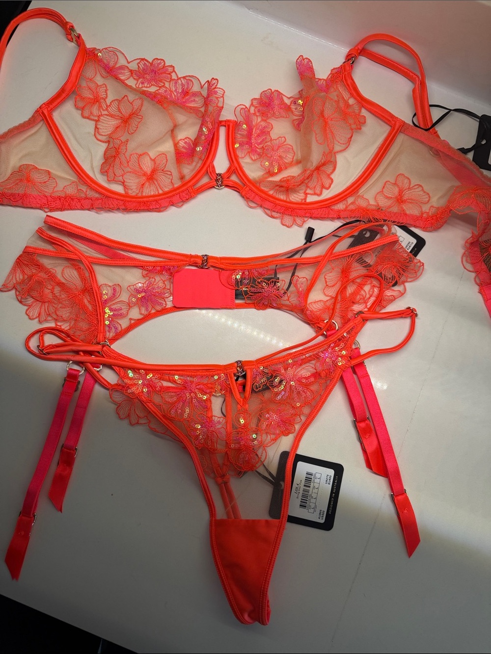 Honey Birdette Lola Sour pink 3 piece set Sheer Floral Lace 38e L